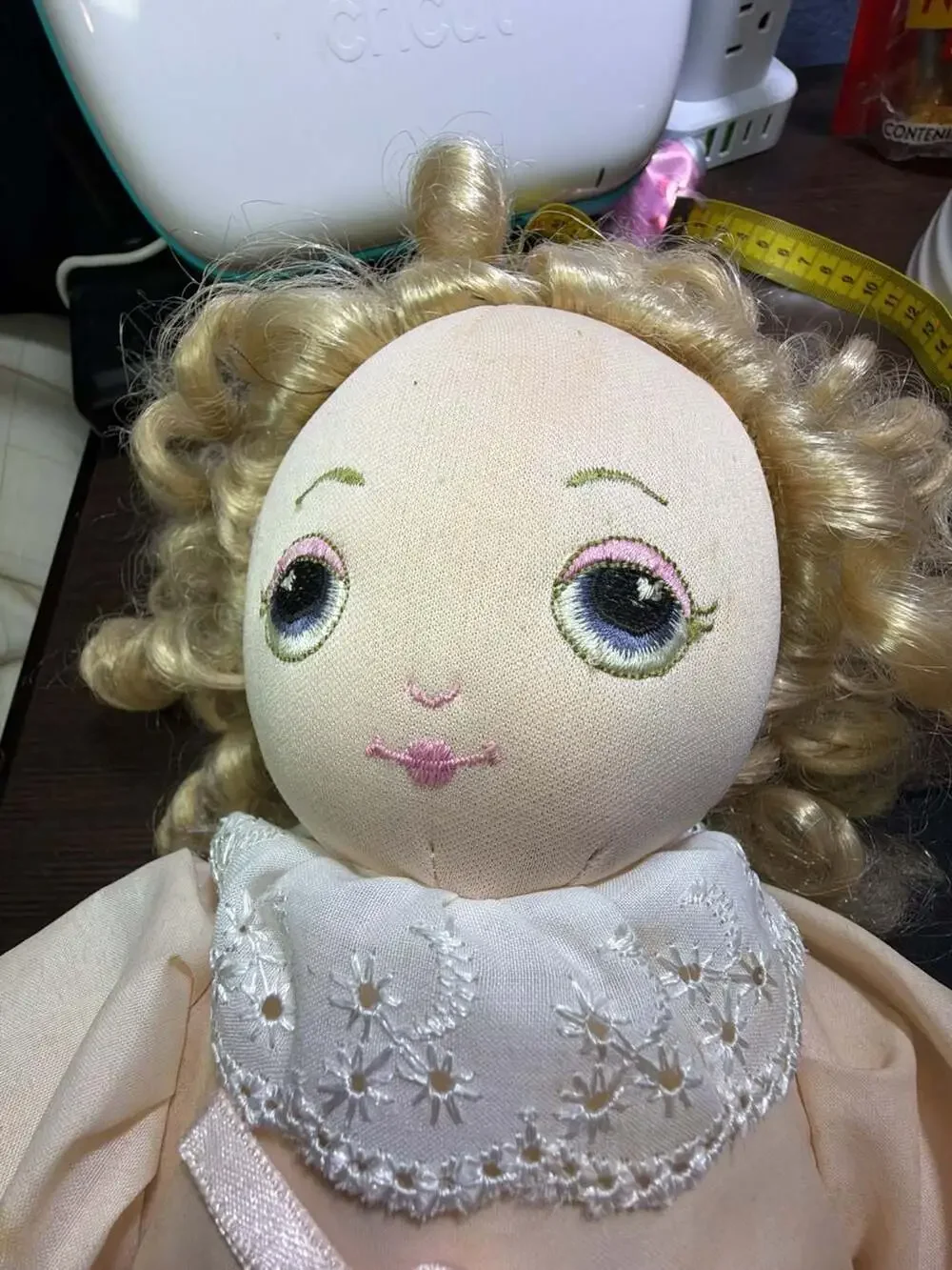 Sugar Loaf Vintage Cloth Doll Named June with Blonde Curly Hair and Floral Dress